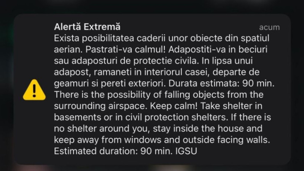 News Alert RO-Alert pentru zona de nord a judeţului Tulcea. Risc de cădere a unor „obiecte din spaţiul aerian”